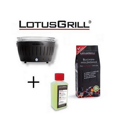 LotusGrill Neuer schwarzer XL-Grill 2023 mit Batterien und USB-Stromkabel + 1 kg Holzkohle + BBQ-Gel