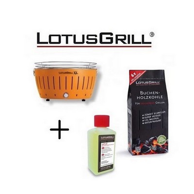 LotusGrill Neuer 2023 XL Orange Barbecue mit Batterien und USB-Stromkabel + 1 kg Holzkohle + BBQ-Gel
