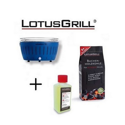 LotusGrill Neuer 2023 XL Blue Barbecue mit Batterien und USB-Stromkabel + 1 kg Holzkohle + BBQ-Gel