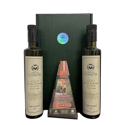 Oleum Comitis Geschenkbox mit nativem Olivenöl extra, 2 x 500 ml und 30 Monate Parmesan